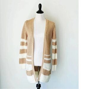 Women's Tan and White Striped Sweater Cardigan